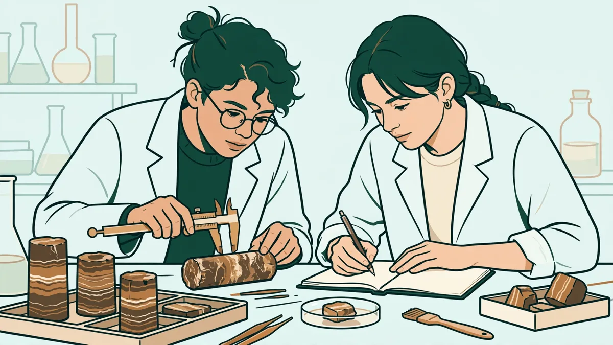 Deux étudiantes en blouse analysant ensemble des carottes de roche au laboratoire, l'une mesure un échantillon au pied à coulisse pendant que l'autre note les résultats