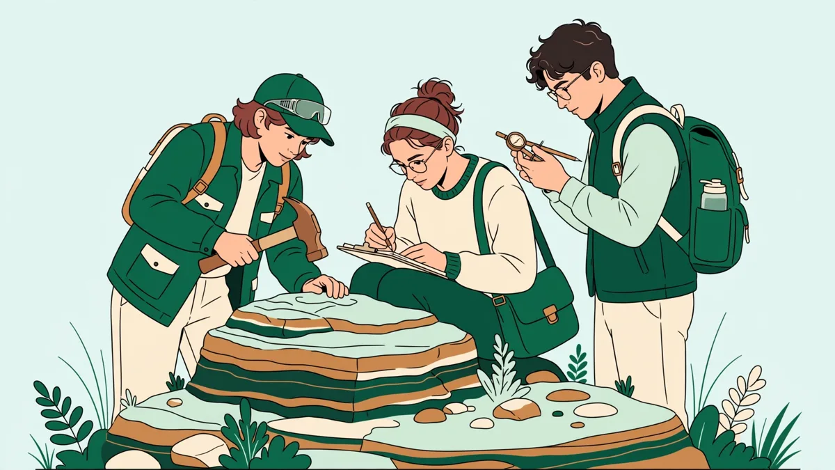 Trois étudiants en géosciences en action sur un affleurement rocheux, l'un frappe au marteau, une autre dessine la coupe dans un carnet, le troisième tient une boussole de géologue