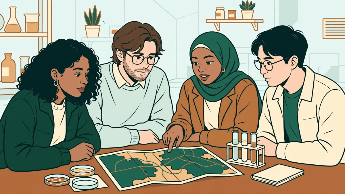 Quatre étudiants autour d'une table analysent une carte et des résultats d'analyses pour un projet.