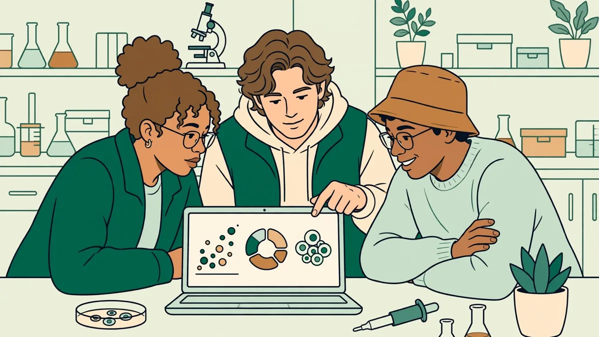 Trois étudiants autour d'un ordinateur analysant des courbes de cytométrie, carnets et paillasse floue en arrière-plan.