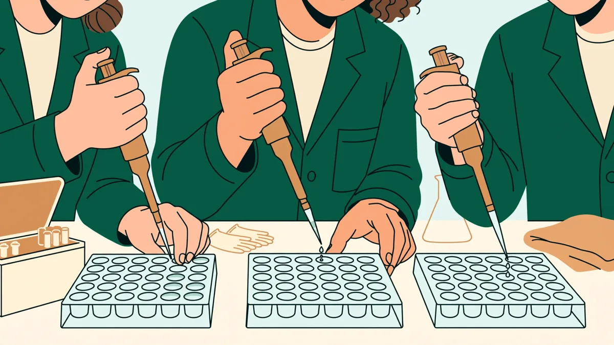 Deux étudiantes et un étudiant en blouse manipulant des micropipettes et des plaques de culture devant une loupe binoculaire dans un laboratoire de biologie.