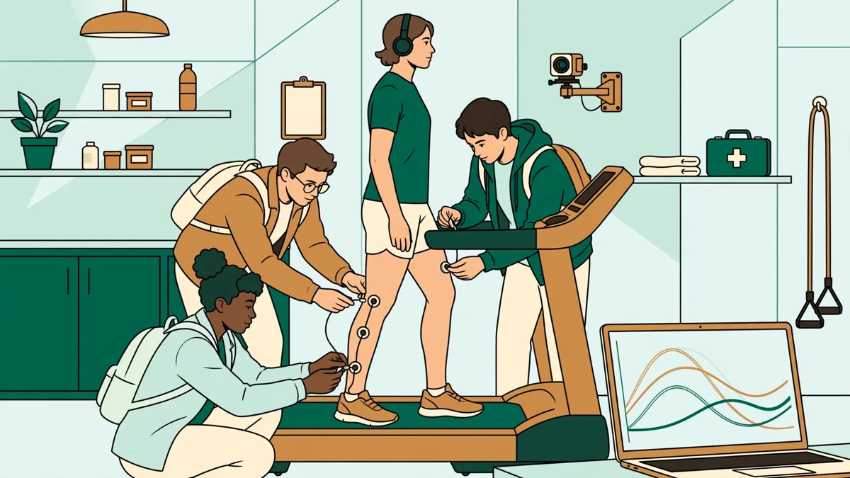 Étudiants en train de poser des capteurs de mouvement sur la jambe d'un coureur dans un laboratoire de sport