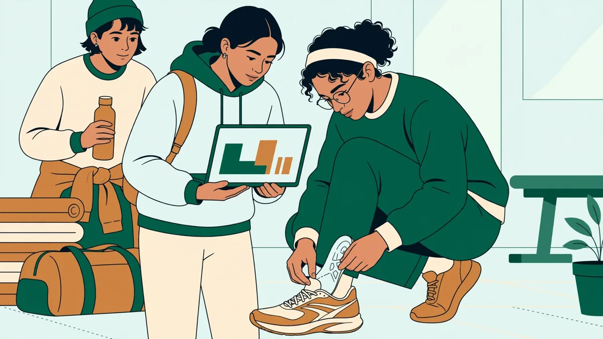 Petite équipe d'étudiants testant un prototype de matériel sportif et analysant les résultats sur un ordinateur portable