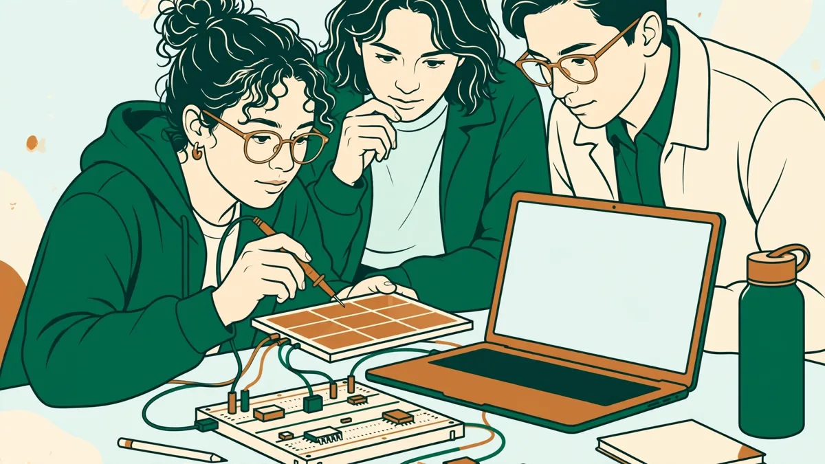 Deux étudiantes et un étudiant qui testent un petit panneau solaire branché à une maquette, avec un ordinateur qui affiche la production d'énergie