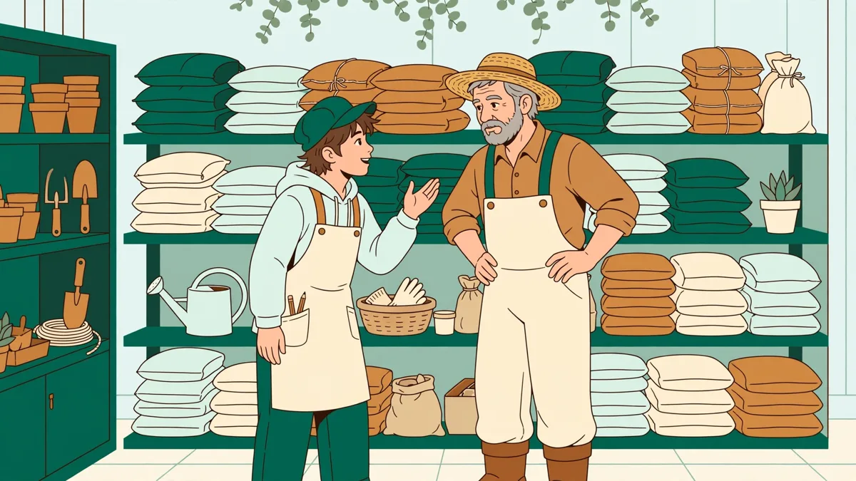 Un apprenti qui conseille un agriculteur devant des rayonnages de sacs de semences dans un magasin agricole