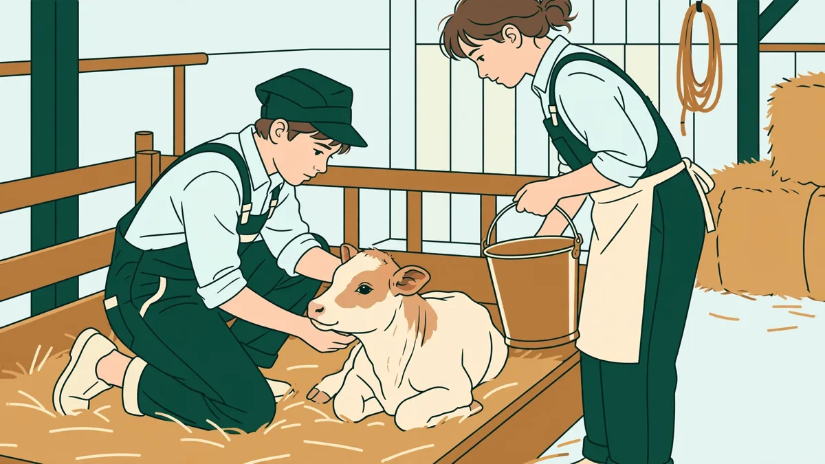 Une apprentie observe un veau dans une case paillée pendant qu'un autre apprenti remplit un seau, sous le regard d'une formatrice