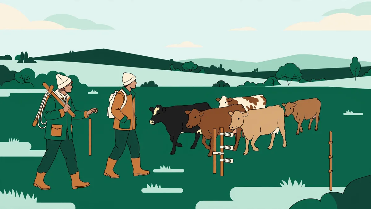 Deux apprentis en bottes déplacent un petit troupeau de vaches allaitantes vers une pâture verte avec une clôture mobile