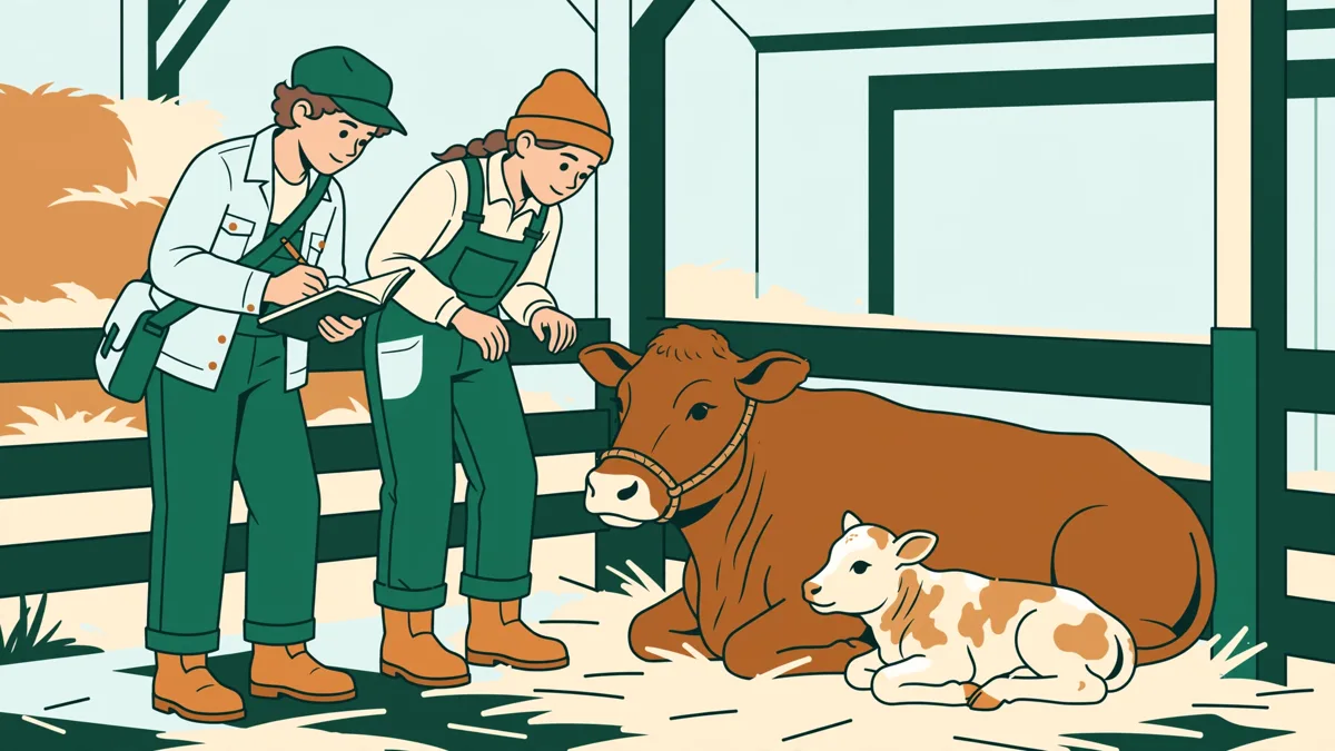 Deux apprentis en tenue de travail observent une vache allaitante et son veau dans une case paillée, carnet en main