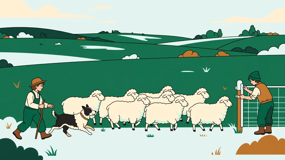 Un apprenti déplace un lot de brebis dans une prairie verte avec un chien de troupeau, un autre apprenti referme une clôture électrique derrière le lot