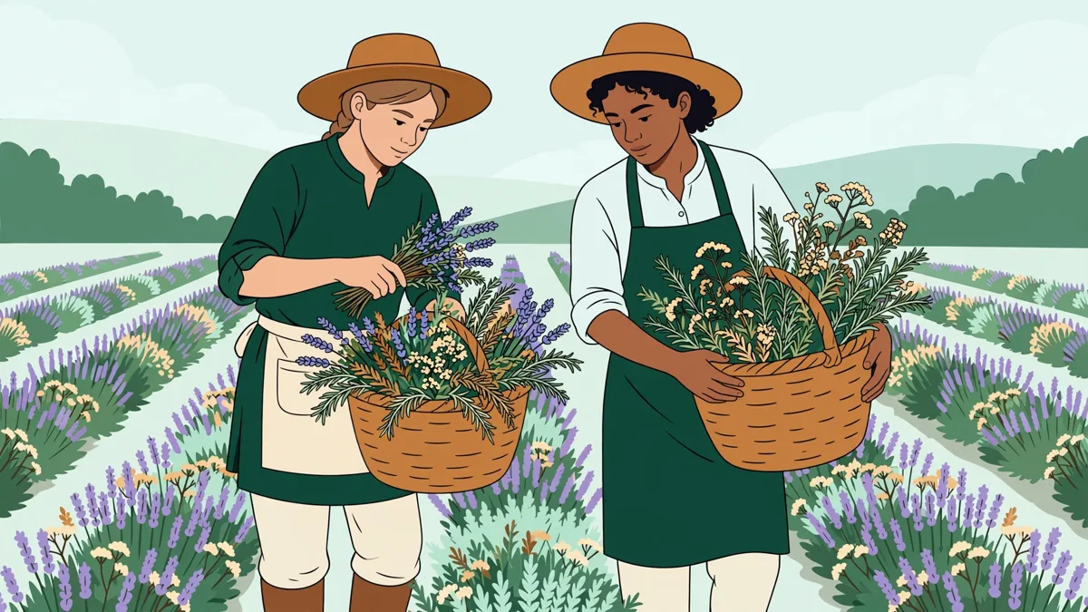 Deux apprentis qui récoltent des rangs de plantes aromatiques en fleurs, avec des paniers remplis.