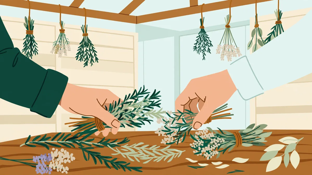 Deux apprentis qui trient des bottes de plantes séchées sur une table dans un séchoir clair.