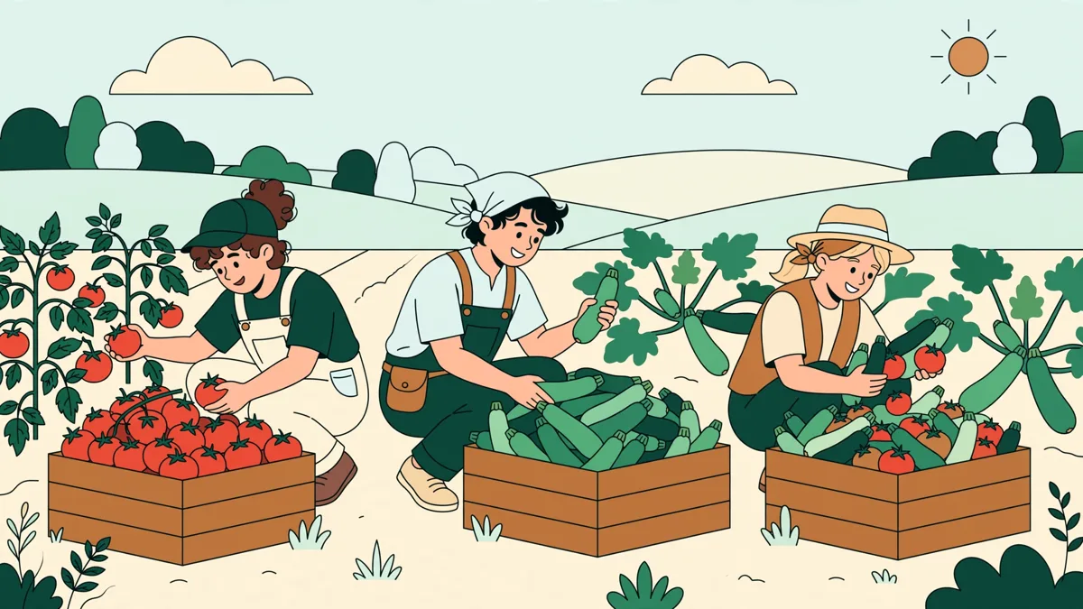 Trois apprentis en maraîchage récoltant des légumes dans des cageots en plein champ un matin d'été, l'un porte une caisse pleine de courgettes.