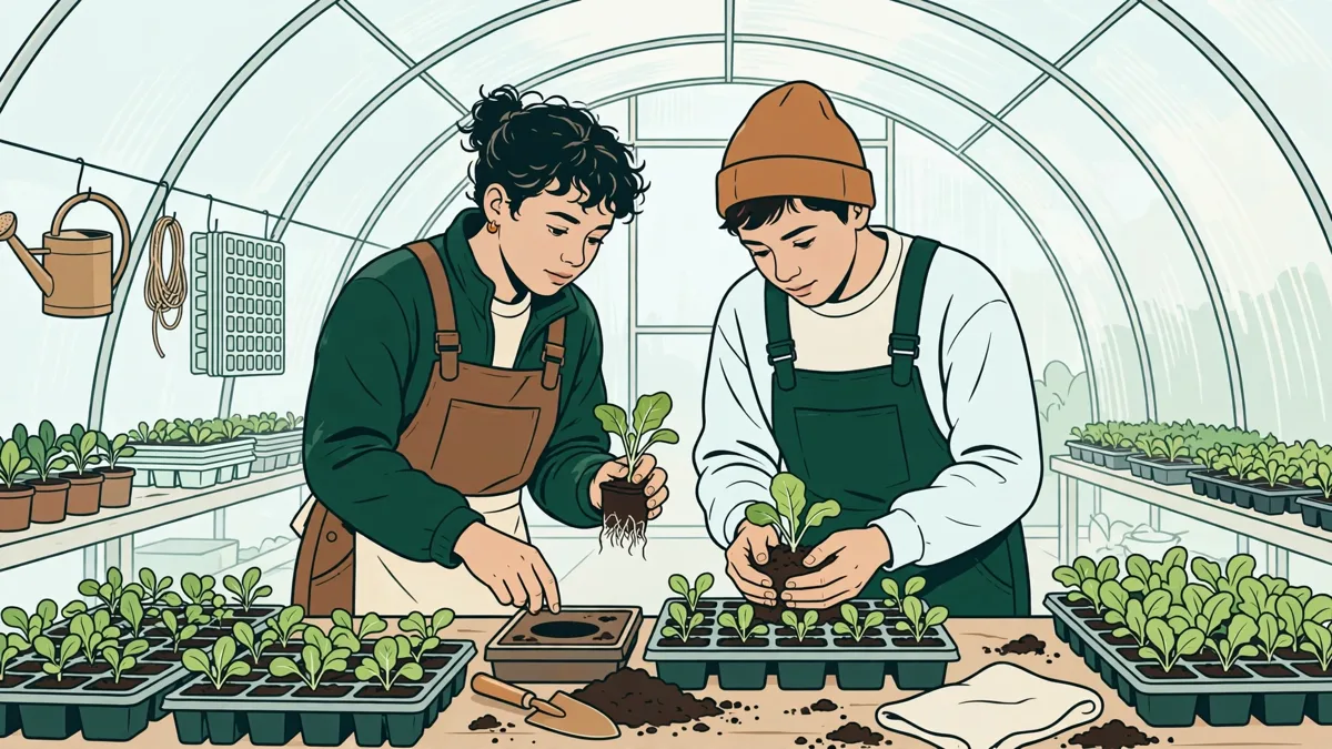 Deux apprentis en maraîchage en train de repiquer des jeunes plants de salades sous une serre tunnel, l'un tient un plateau alvéolé, l'autre tasse la terre.