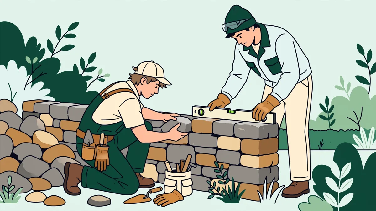Deux apprentis paysagistes en tenue de chantier montent un muret en pierre, l'un pose un moellon, l'autre vérifie le niveau