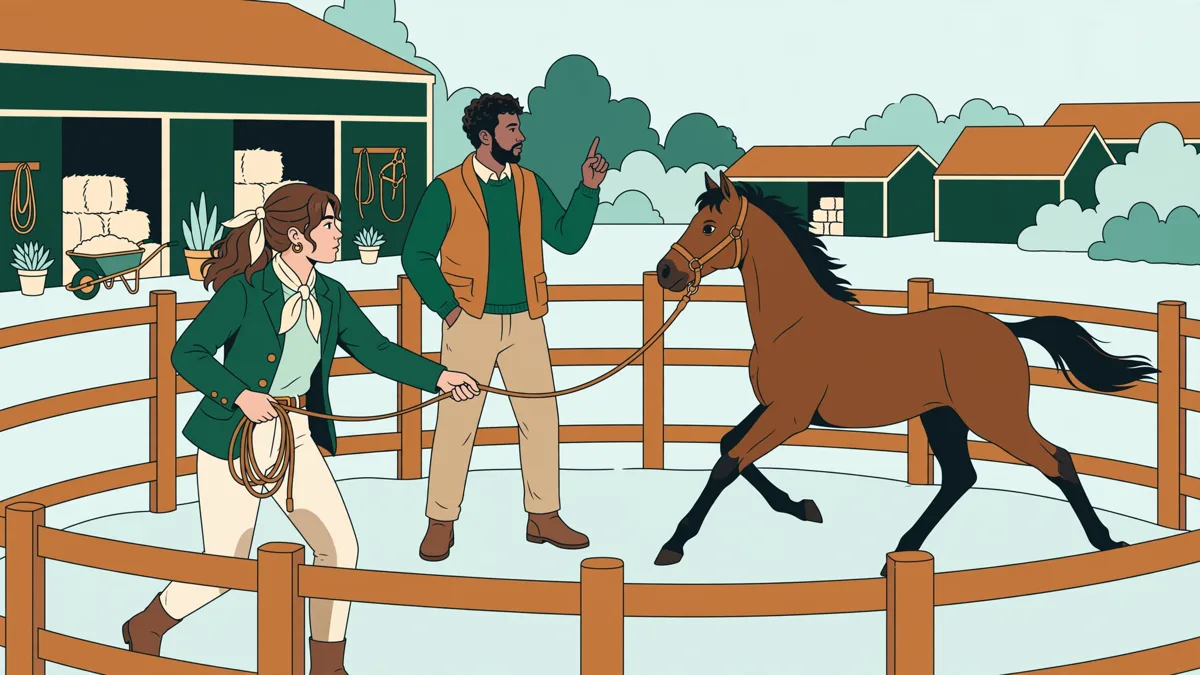 Une apprentie longe un jeune cheval bai dans un rond de longe, un formateur l'observe et la guide.