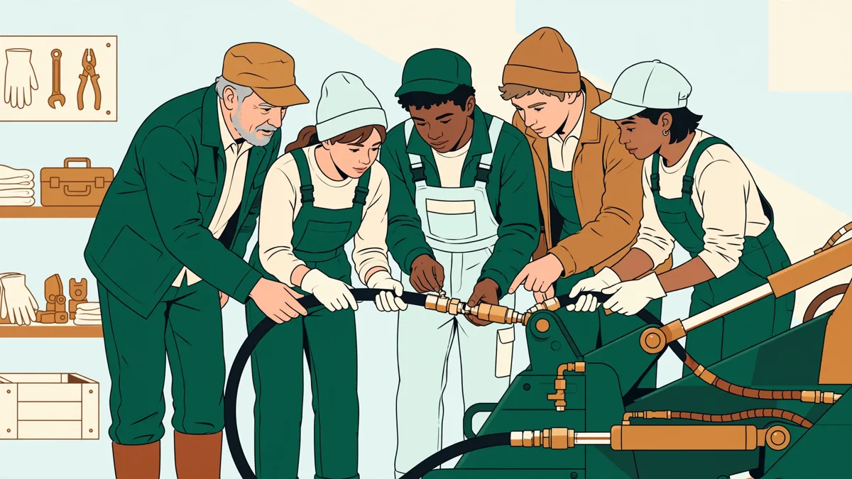 Petit groupe d'apprentis en tenue de travail autour d'un engin forestier en atelier, en train de vérifier un flexible avec un formateur.