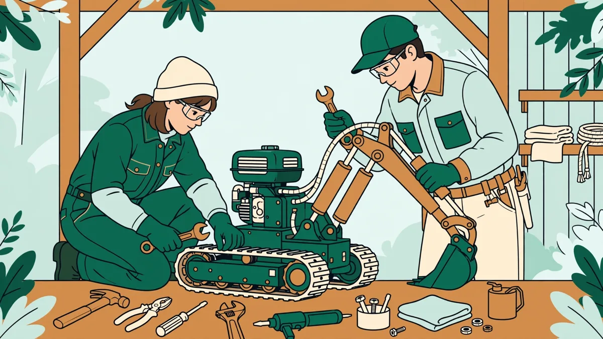 Deux apprentis en tenue de travail entretiennent un engin forestier en atelier extérieur, vérifient les chenilles et le bras hydraulique.