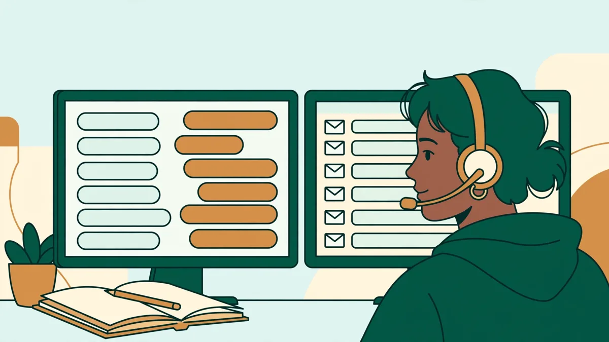 Une élève avec casque gérant mails et chat client sur deux écrans, carnet de suivi à côté