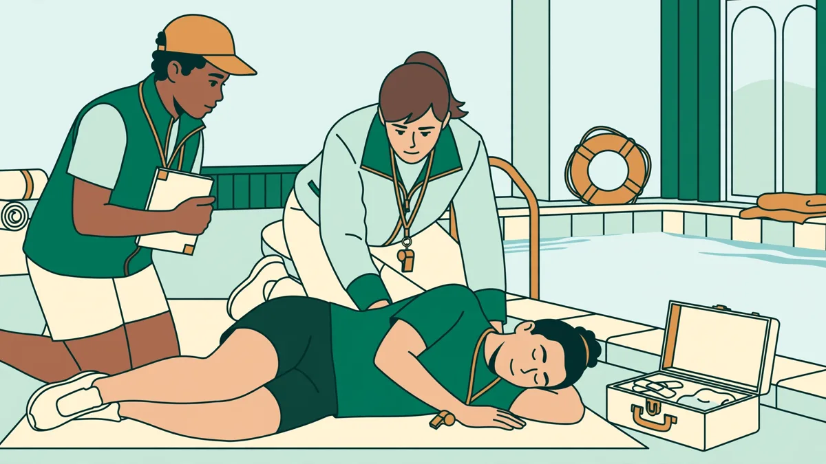 Des élèves éducateurs qui s'entraînent au sauvetage et aux premiers secours au bord d'un bassin