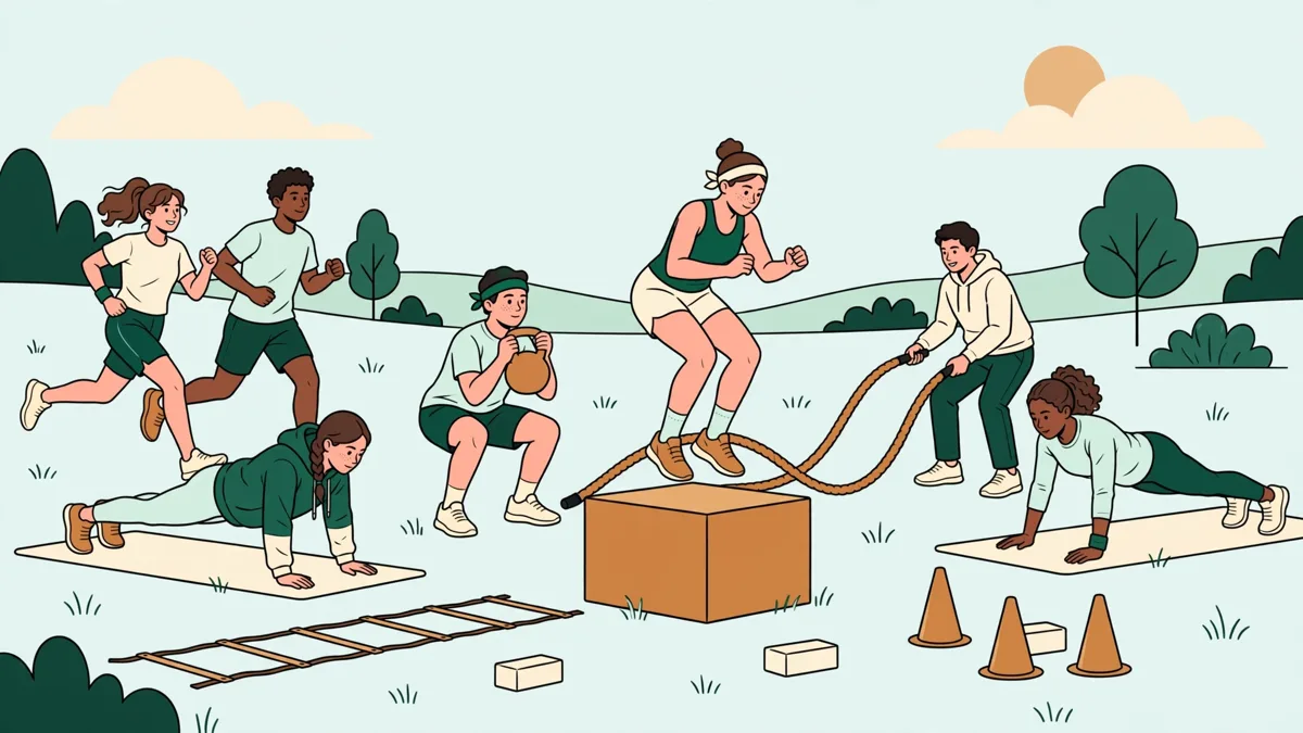 Candidats en tenue de sport qui passent des épreuves physiques collectives sur un terrain extérieur