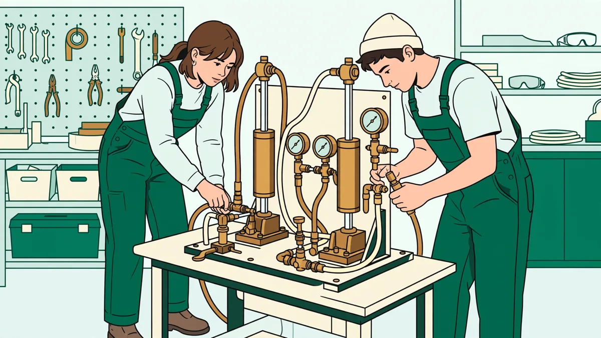 Deux élèves en tenue d'atelier règlent ensemble un banc hydraulique avec vérins, flexibles et manomètres