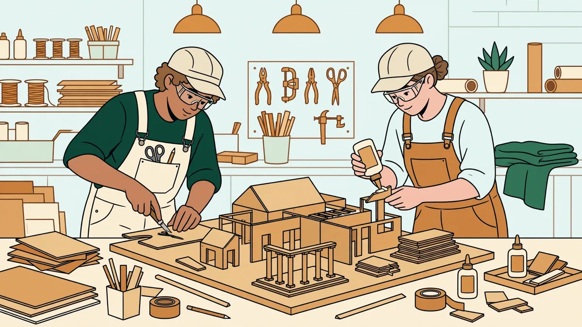 Deux étudiants en train d'assembler une grande maquette d'architecture en carton et bois dans un atelier lumineux