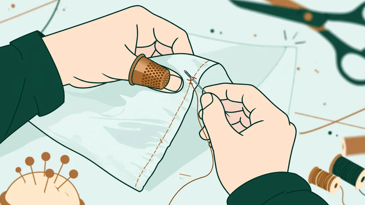 Gros plan sur les mains d'une apprentie en train de coudre un ourlet invisible sur une étoffe claire, avec un dé et des aiguilles.