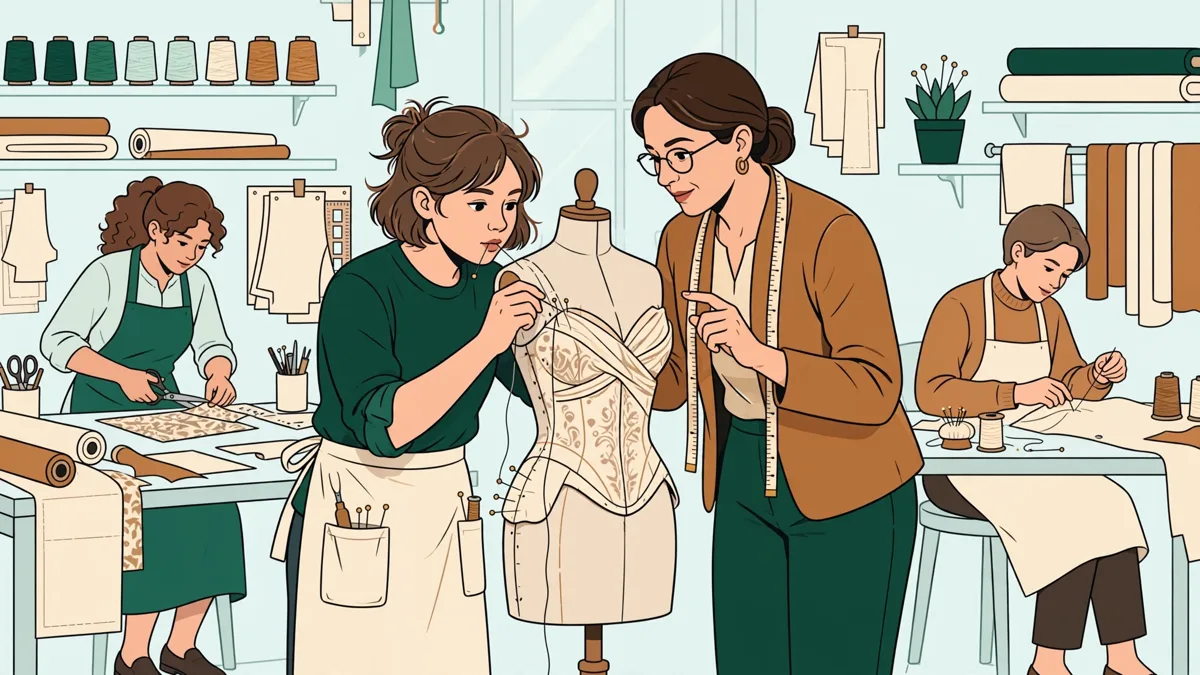 Une apprentie en train de monter un bustier sur un mannequin de couture, sous le regard d'une formatrice qui ajuste son geste.
