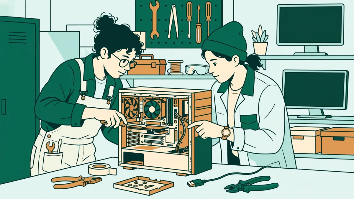 Deux élèves en atelier informatique devant un ordinateur ouvert, l'un tient un tournevis, l'autre pointe un composant, boîtes à outils et écrans autour d'eux.
