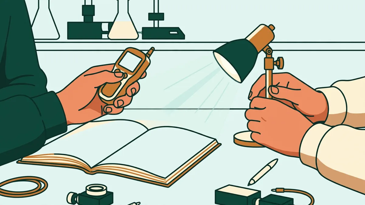 Deux élèves en travaux pratiques qui mesurent la lumière d'un projecteur avec un posemètre, carnets ouverts sur une table.