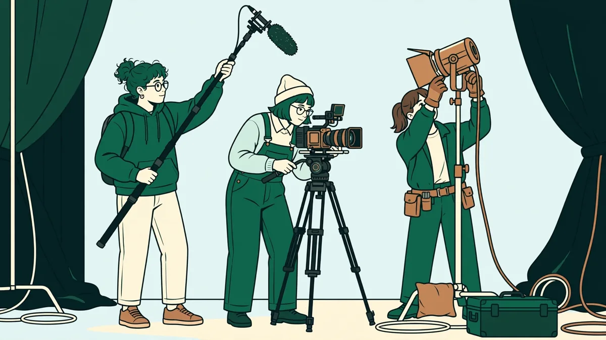 Trois élèves en action autour d'une caméra sur pied dans un studio sombre, l'un cadre, l'autre tient une perche micro, le troisième règle un projecteur.