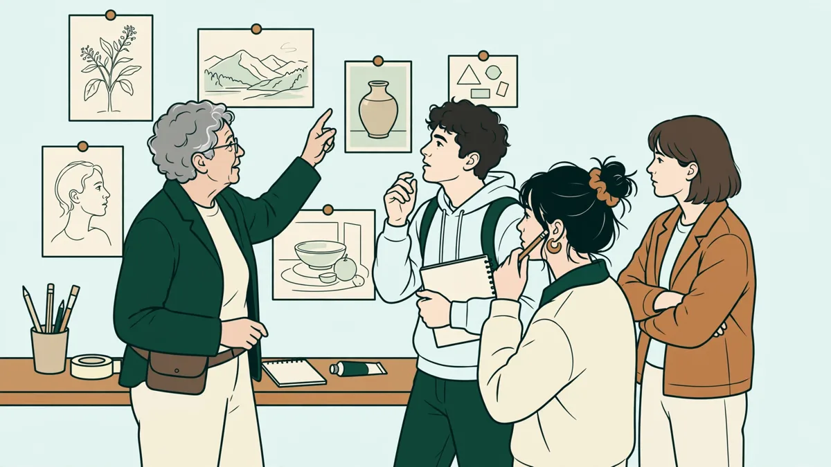 Illustration dessinée d'étudiants et d'une enseignante regardant des dessins et photos épinglés sur un mur d'atelier pendant une critique collective.