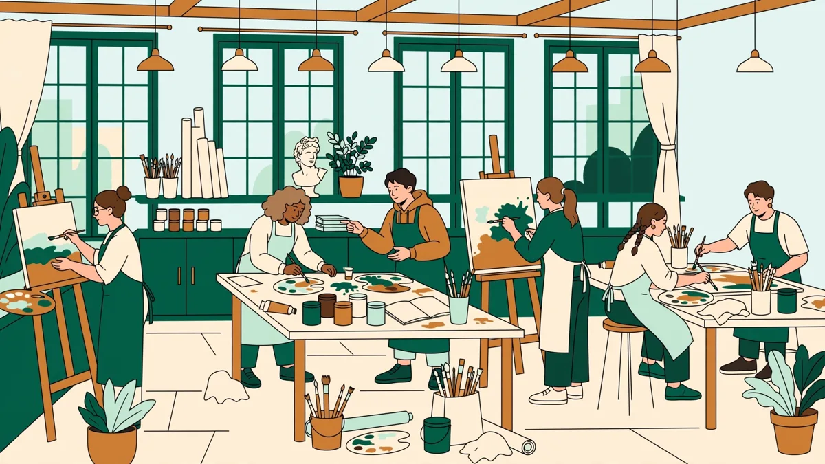 Illustration dessinée d'étudiants en tablier peignant sur chevalets et grandes tables dans un atelier lumineux, avec pots de peinture et rouleaux de papier.