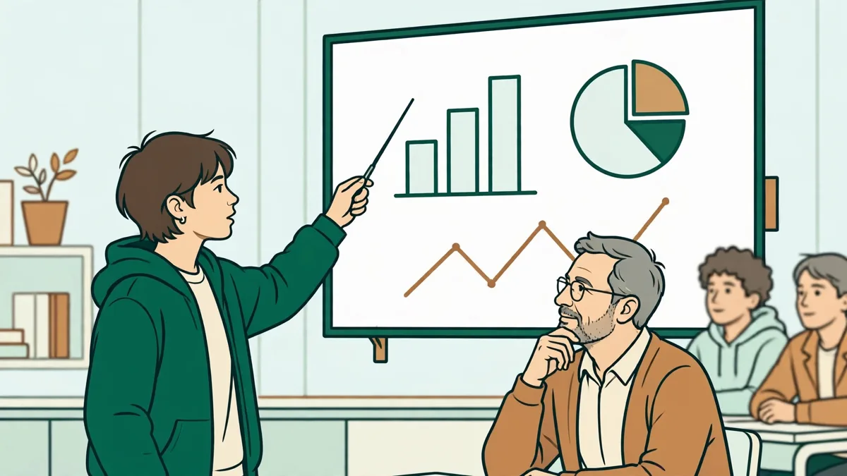 Étudiante qui présente un exposé avec graphiques au tableau devant sa classe et son enseignant