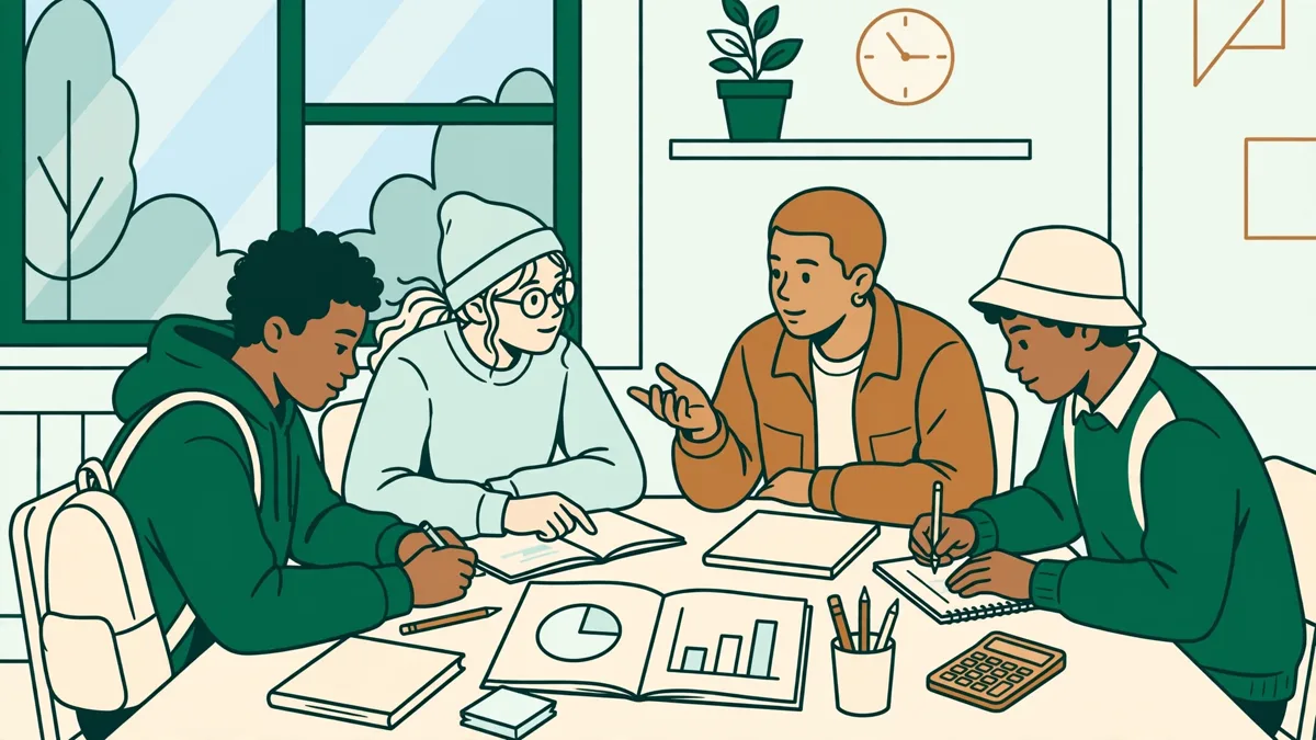 Petit groupe d'étudiants autour d'une table qui préparent une étude de cas d'économie avec cahiers et calculatrice