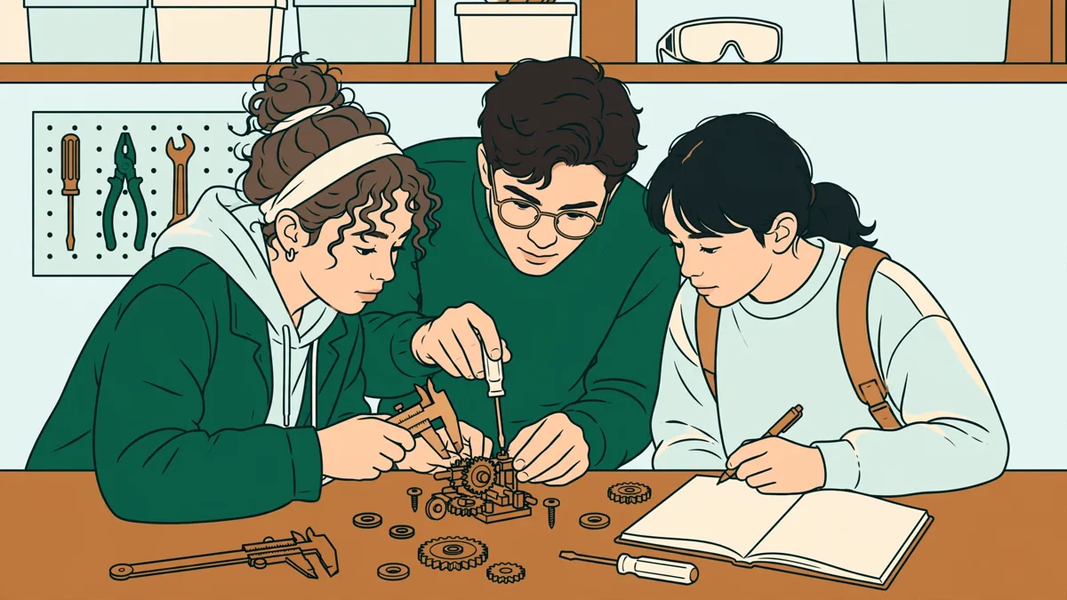 Petit groupe d'étudiants autour d'un établi qui règlent ensemble un montage mécanique et notent des mesures dans un carnet.