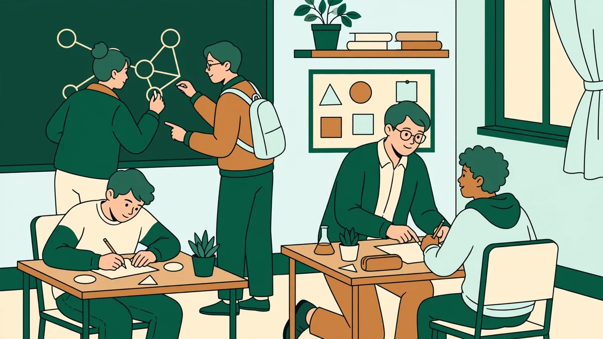 Étudiants en petite classe qui résolvent des exercices de sciences au tableau et sur leurs cahiers pendant qu'une enseignante les aide.