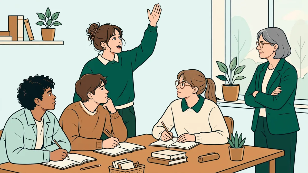 Petit groupe d'étudiants en débat autour de tables, une étudiante debout qui argumente pendant que les autres écoutent et prennent des notes.