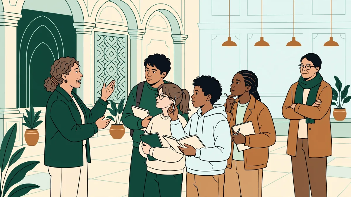 Groupe d'étudiants avec carnets qui échangent avec une intervenante dans une salle culturelle, un enseignant à côté.