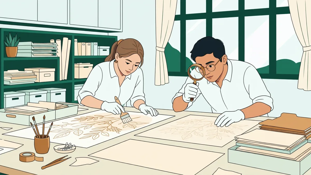 Deux étudiantes en blouse qui restaurent de grandes feuilles sur une large table d'atelier lumineuse, l'une au pinceau, l'autre à la loupe.