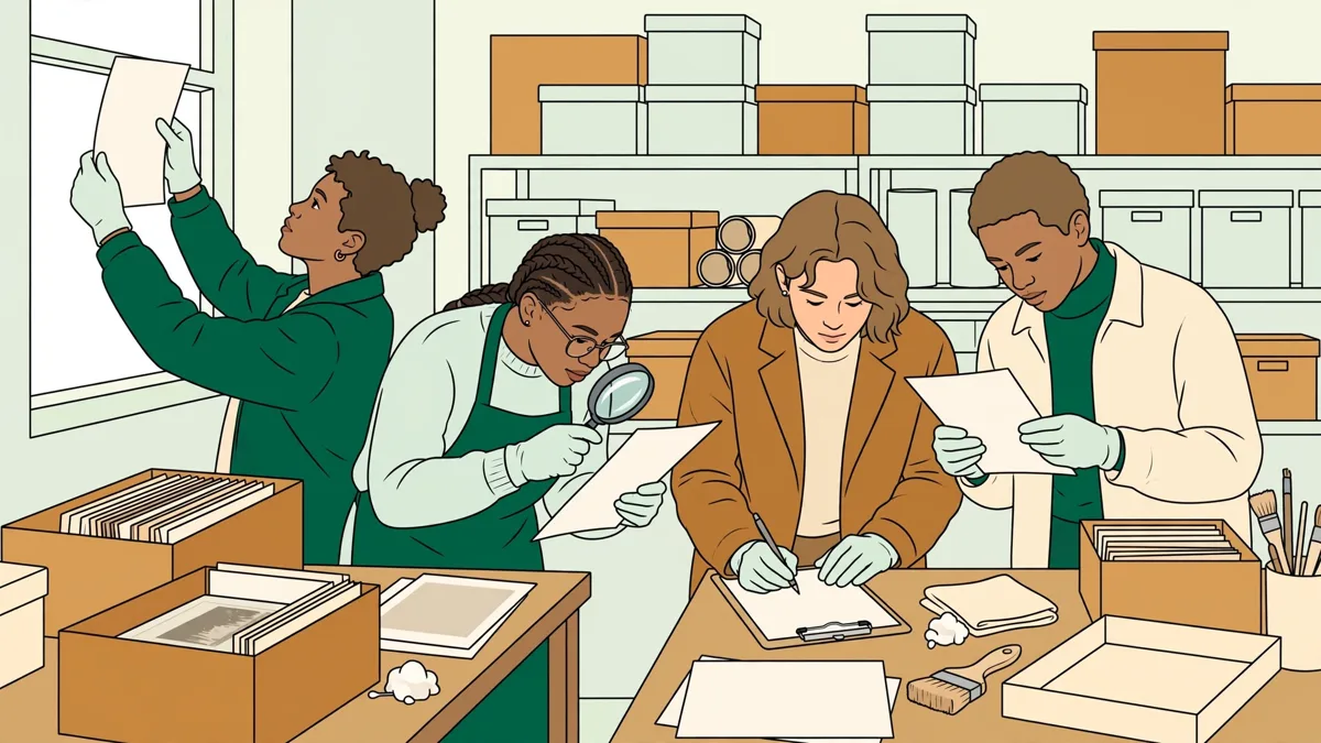 Quatre étudiants en gants qui examinent des estampes et des boîtes d'archives lors d'un chantier des collections dans une réserve.