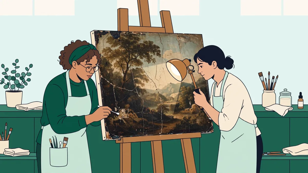 Deux élèves restauratrices en blouse devant un grand tableau de chevalet, l'une nettoie une petite zone au coton-tige, l'autre observe avec une lampe.