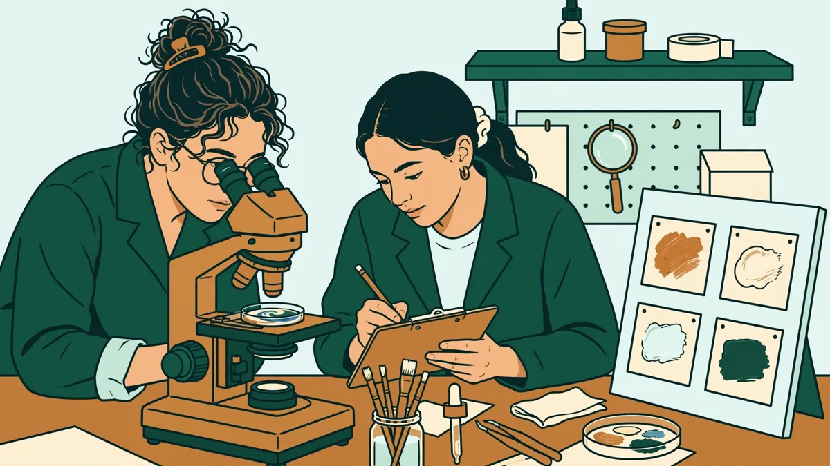 Une étudiante en blouse examine un fragment de peinture au microscope pendant qu'un autre élève prend des notes devant des éprouvettes.
