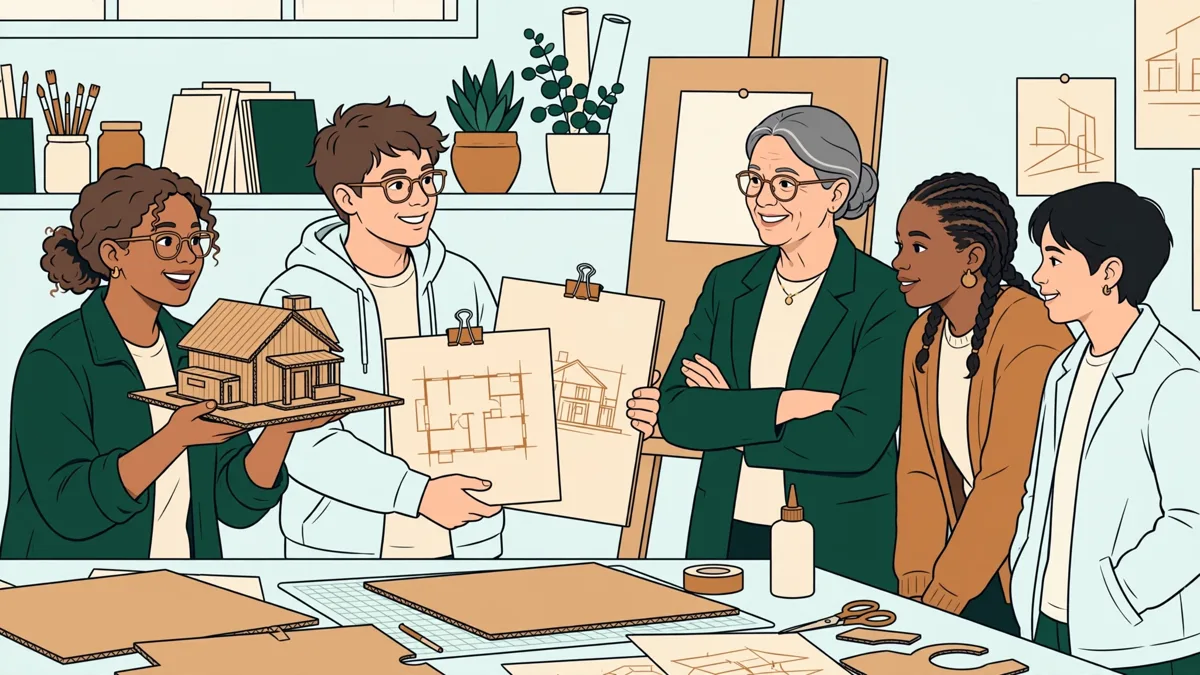 Deux étudiantes présentent une maquette en carton et des planches de dessin devant leur classe en atelier, un enseignant annote un carnet.