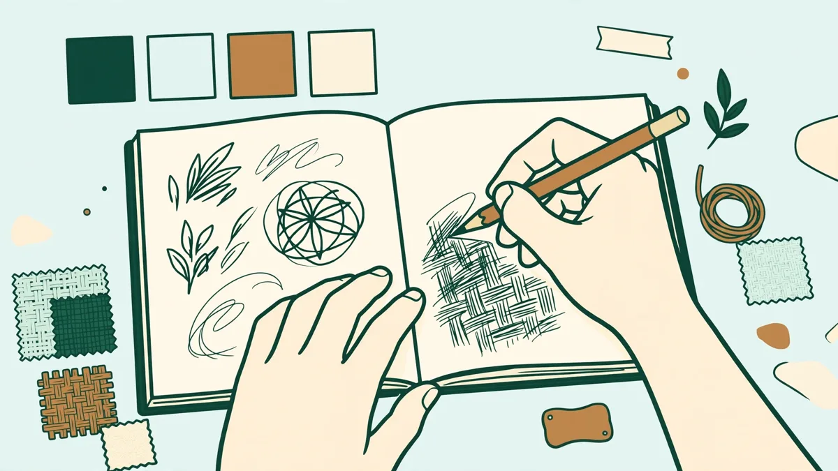 Gros plan sur un carnet ouvert avec croquis, échantillons de couleur et notes manuscrites, mains qui dessinent au crayon.