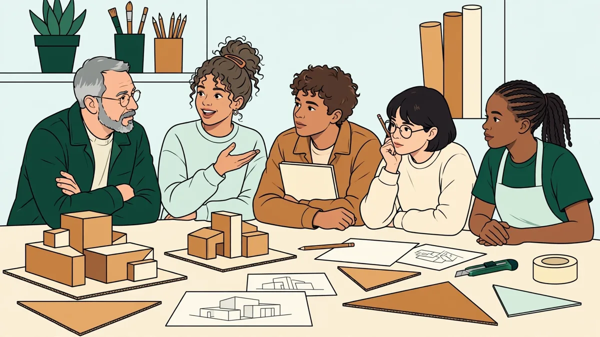 Étudiants en art et design debout autour d'une grande table d'atelier, présentant croquis et maquettes pendant une critique collective.