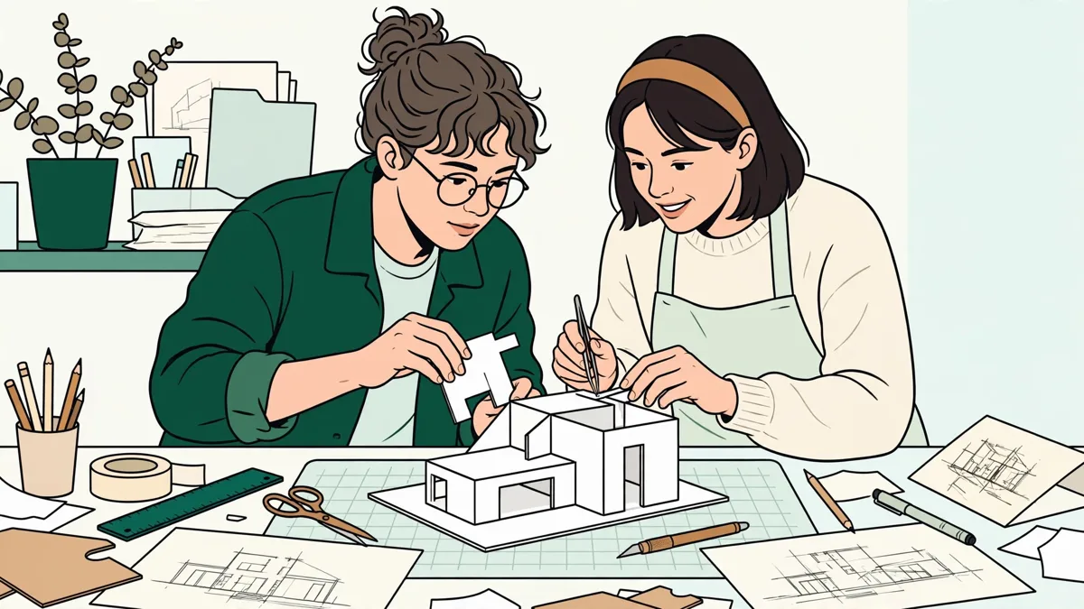 Deux étudiantes en design assemblant une maquette en carton et dessinant des plans sur un établi d'atelier lumineux.