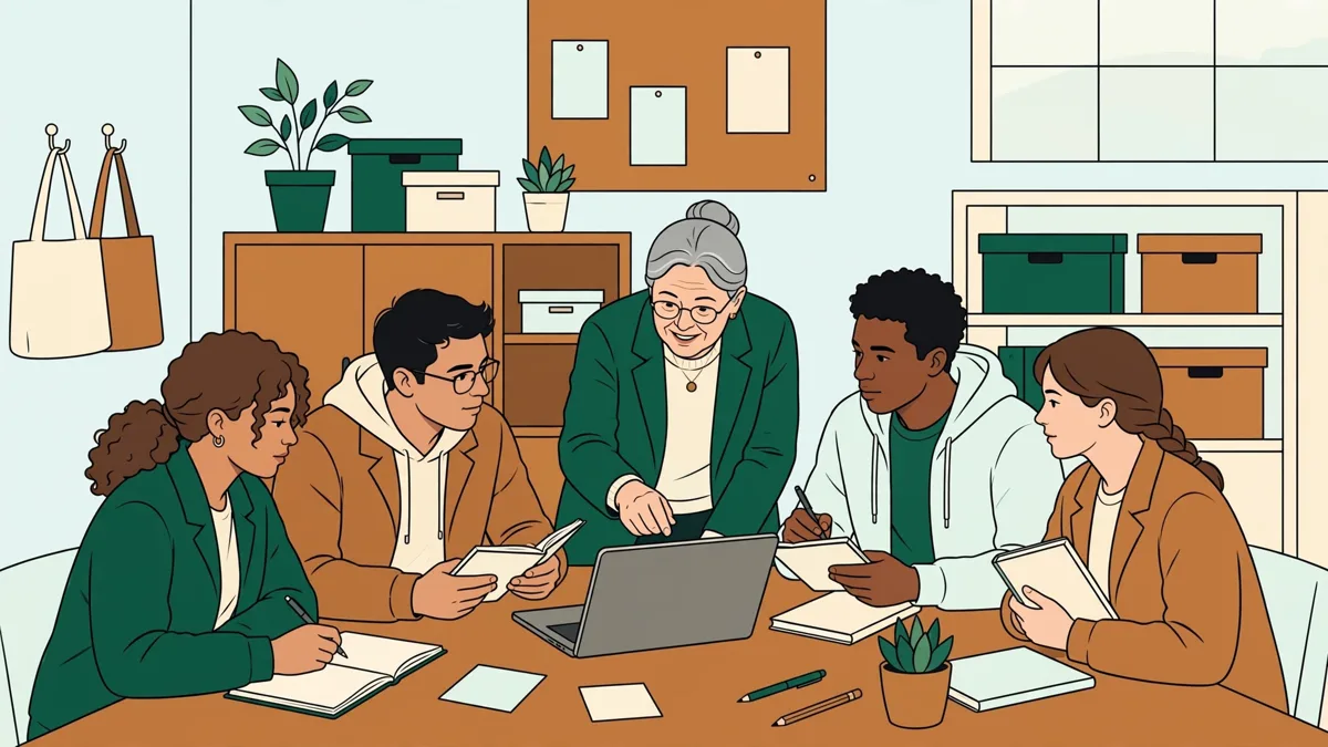 Petit groupe d'étudiants en train de préparer un exposé de gestion autour d'une table, avec une enseignante qui les aide.