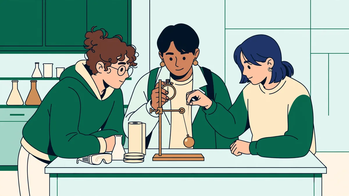 Illustration : trois étudiants autour d'une paillasse de laboratoire mesurant l'oscillation d'un pendule avec un chronomètre.