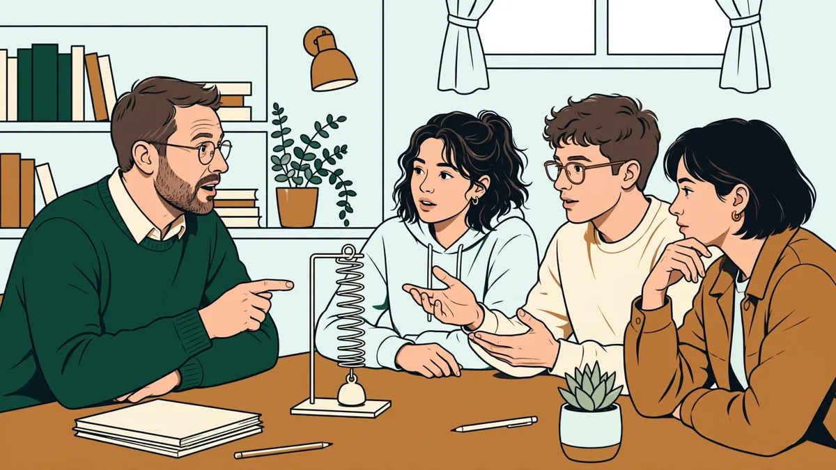 Illustration : un tuteur et trois étudiants discutant autour d'une table avec une maquette mécanique à ressort.